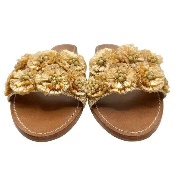 Boden | Women | Elsbeth Tan Leather Raffia Floral Slides Sandals | 37 EU 6 US - Picture 3 of 11